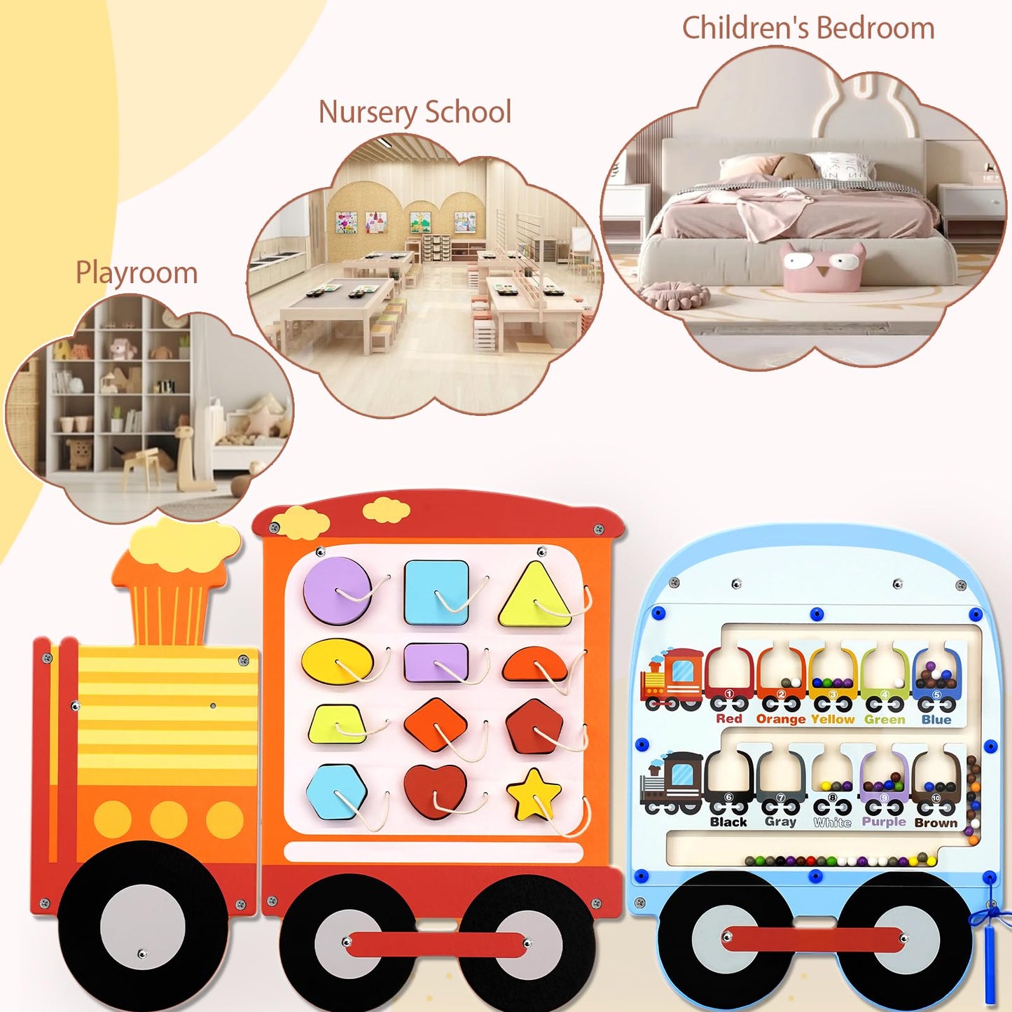 Joyreal Train Activity Wall Busy Board Panels - 8-in-1 Toddler Learning Activity Center - Wooden Montessori Sensory Toys for Playroom, Daycare, Classroom - Educational Toy for All-Round Development