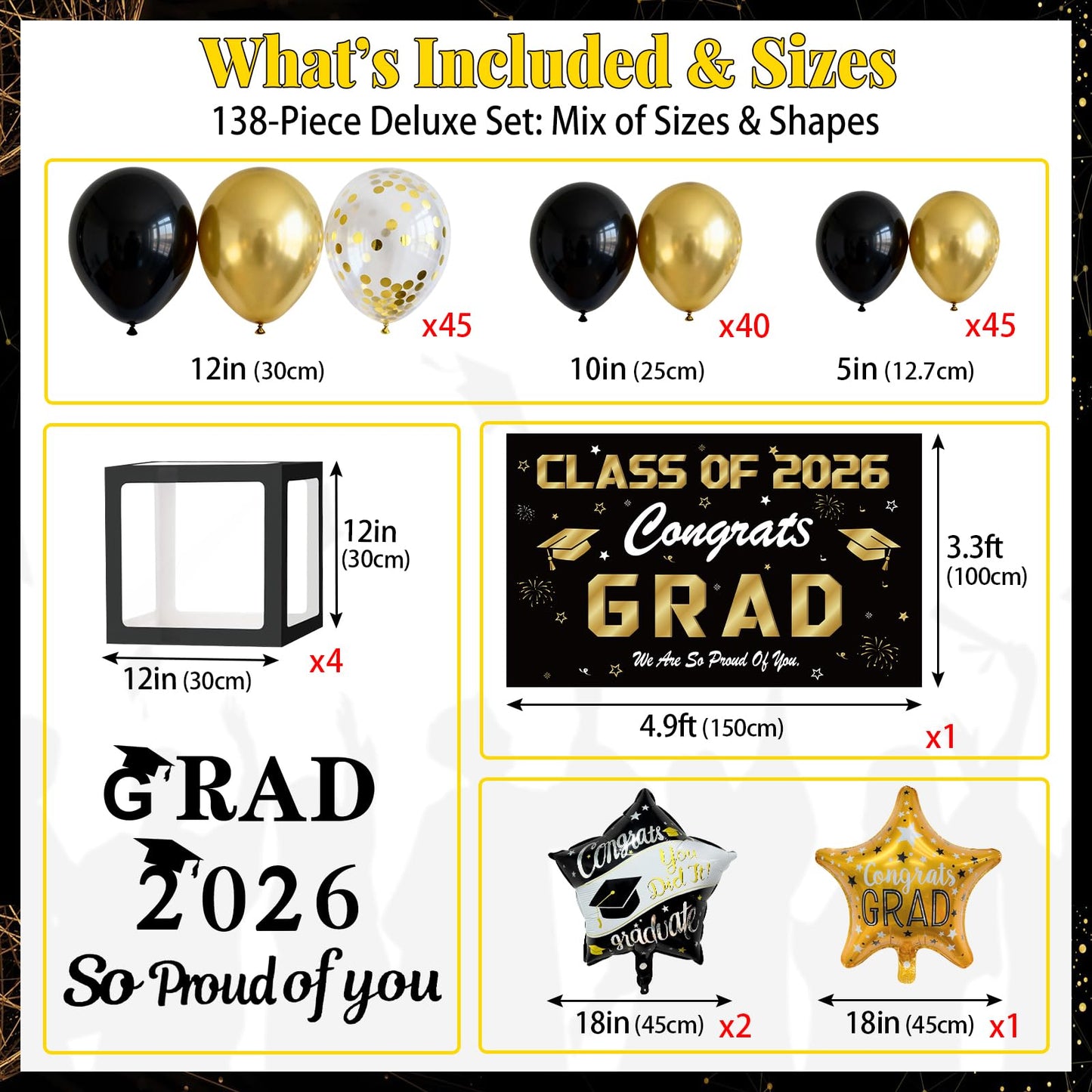 Black and Gold Graduation Decorations 2026, 138 Pcs Graduation Balloon Arch Kit with 4 Grad Boxes, 2026 Graduation Backdrop, Foil Balloons & Congrats Grad Party Decor
