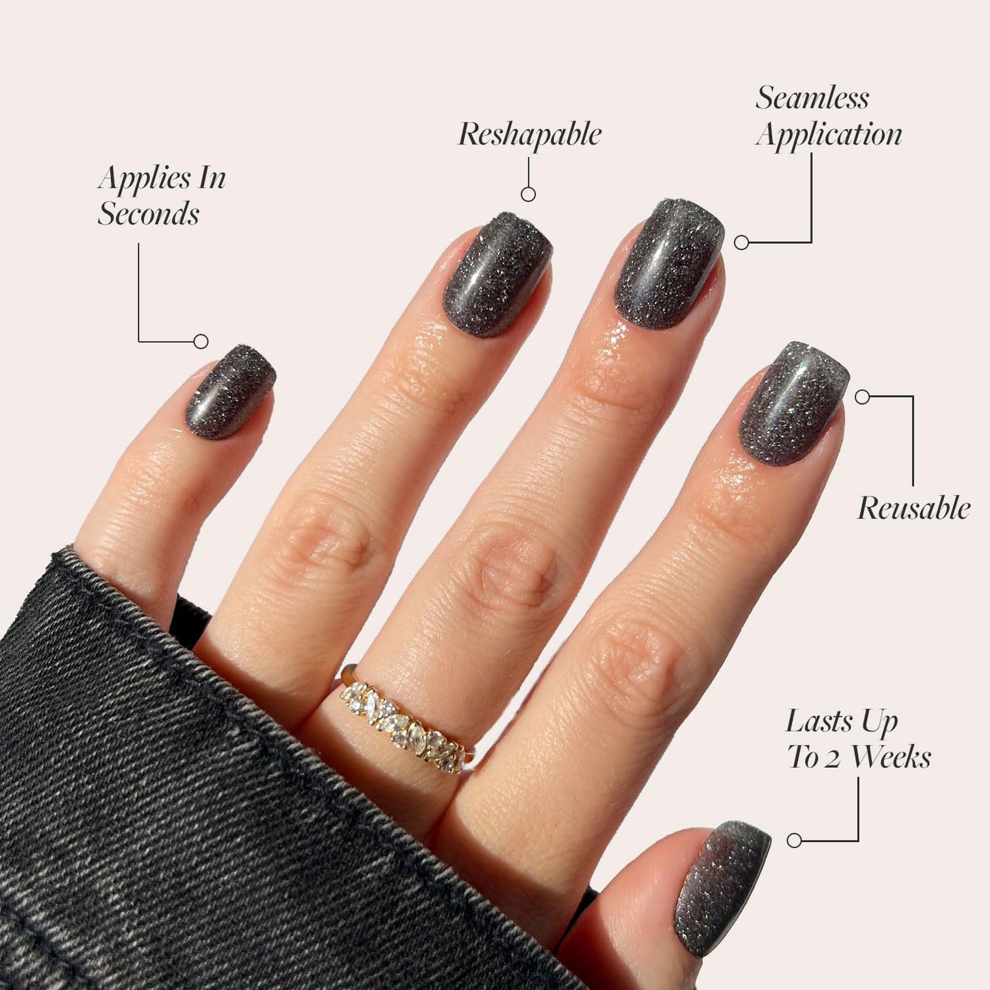Glamnetic Press On Nails - Cosmic | Semi-Transparent Sparkly Black Short Squoval Fake Nails with a Glossy Finish, Salon Quality | 15 Sizes - 30 Nail Kit with Glue
