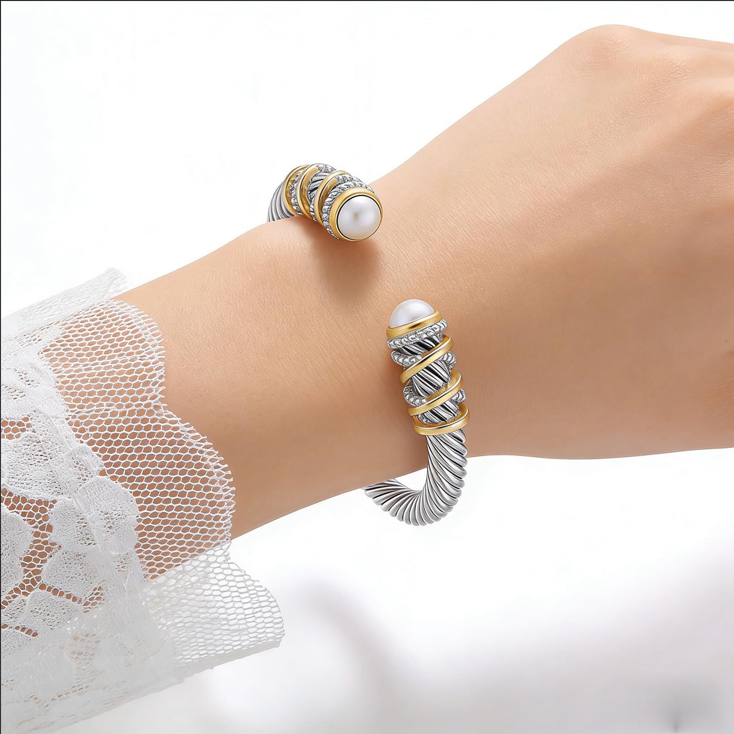 Twisted Cable Open Cuff Bangle Bracelets for Women, Gold Plated Jewelry with Composite Shell Pearl, Adjustable Stainless Steel Bangle for Timeless Elegance