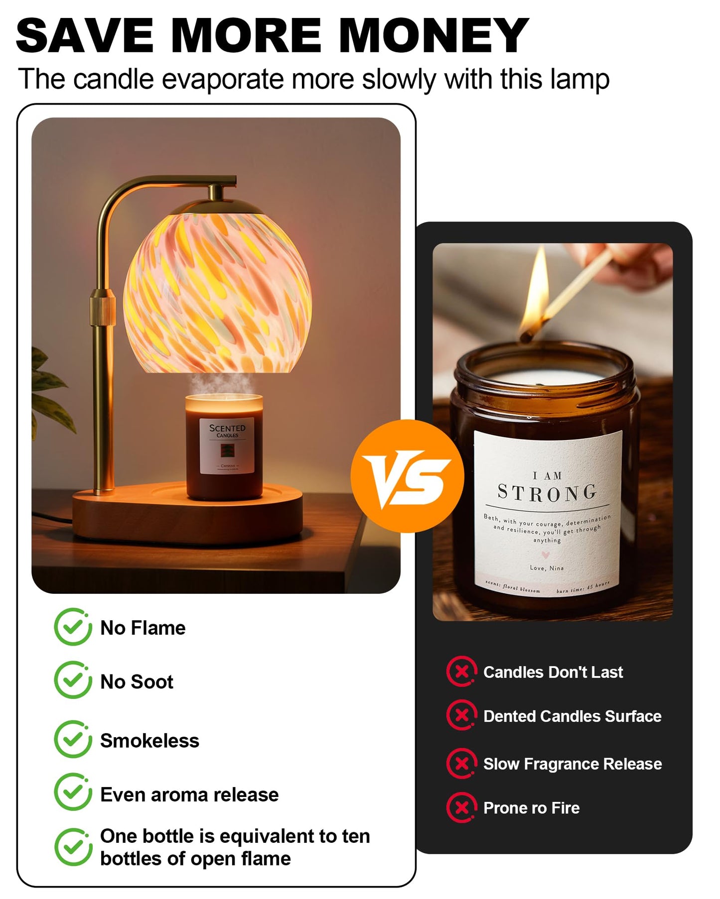 WangshengLe Stained Glass Candle Warmer Lamp Adjustable Height, 7-Level Dimmable Brightness with 2/4/8H Timer, Candle Warmer Light with 2 Bulbs for Women Mom Scented Jar Candles - Gold