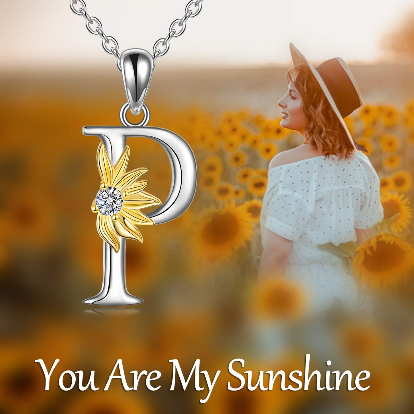 POPLYKE Sterling Silver Initial Alphabet Letter Script Name Pendant Chain Necklace for Women for (Sunflower P)