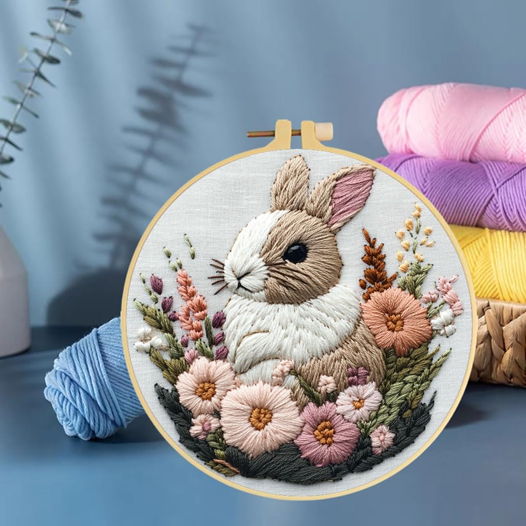 Punch Needle Kits Rabbit in Flowers Embroidery Starter Set with Hoop Easy for Beginners DIY Stress Relief Handmade Craft Hobby and Home Decor 20x20cm-2