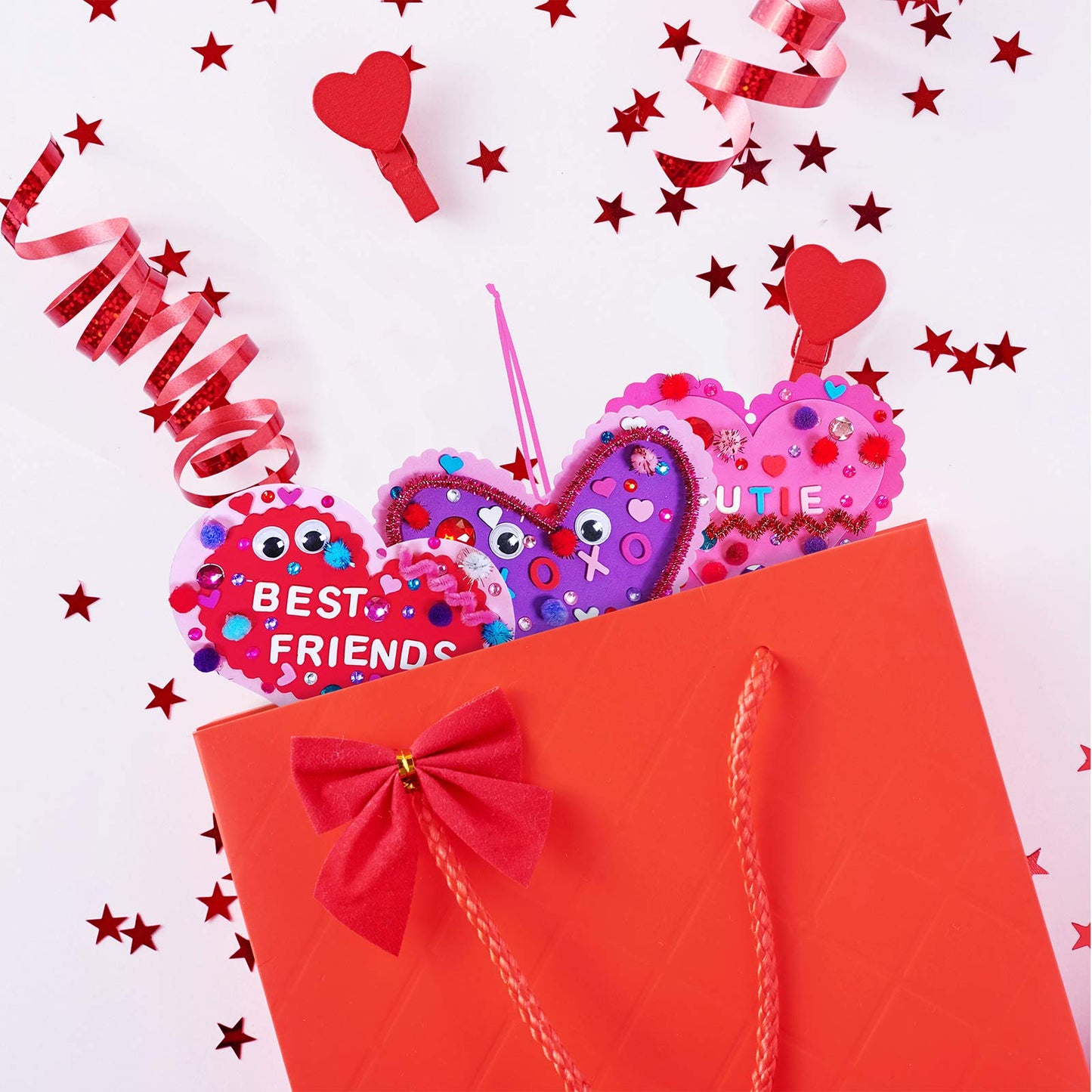 Winlyn 24 Sets Valentine's Day Heart Ornaments Decorations DIY Foam Craft Kits Assorted Shapes Stickers Pom-poms Googly Eyes for Kids Classroom Art Activity Gift Exchange