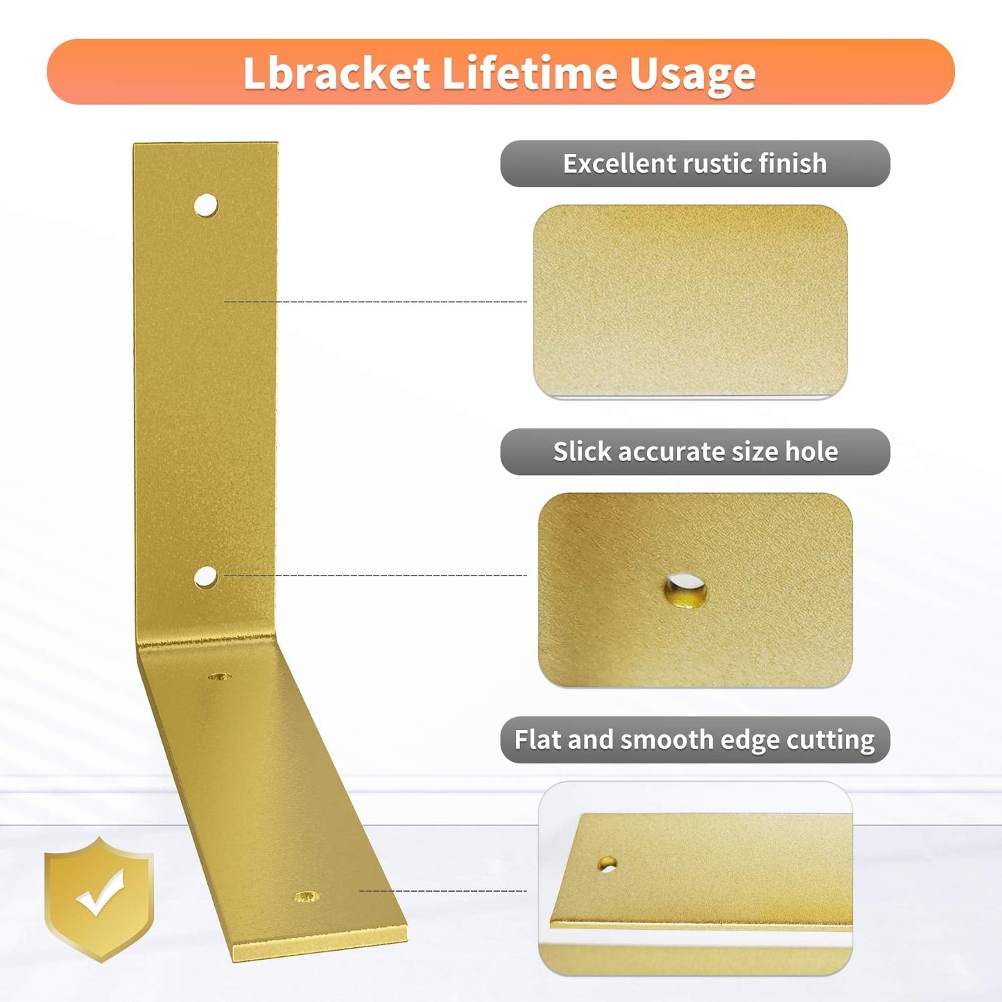 Gold Heavy Duty Shelf Brackets 6 Inch, Rustic Gold Iron L Shelf Bracket, Industrial Modern Metal Floating Shelf with Hardware for DIY Open Shelving, 4 Pack