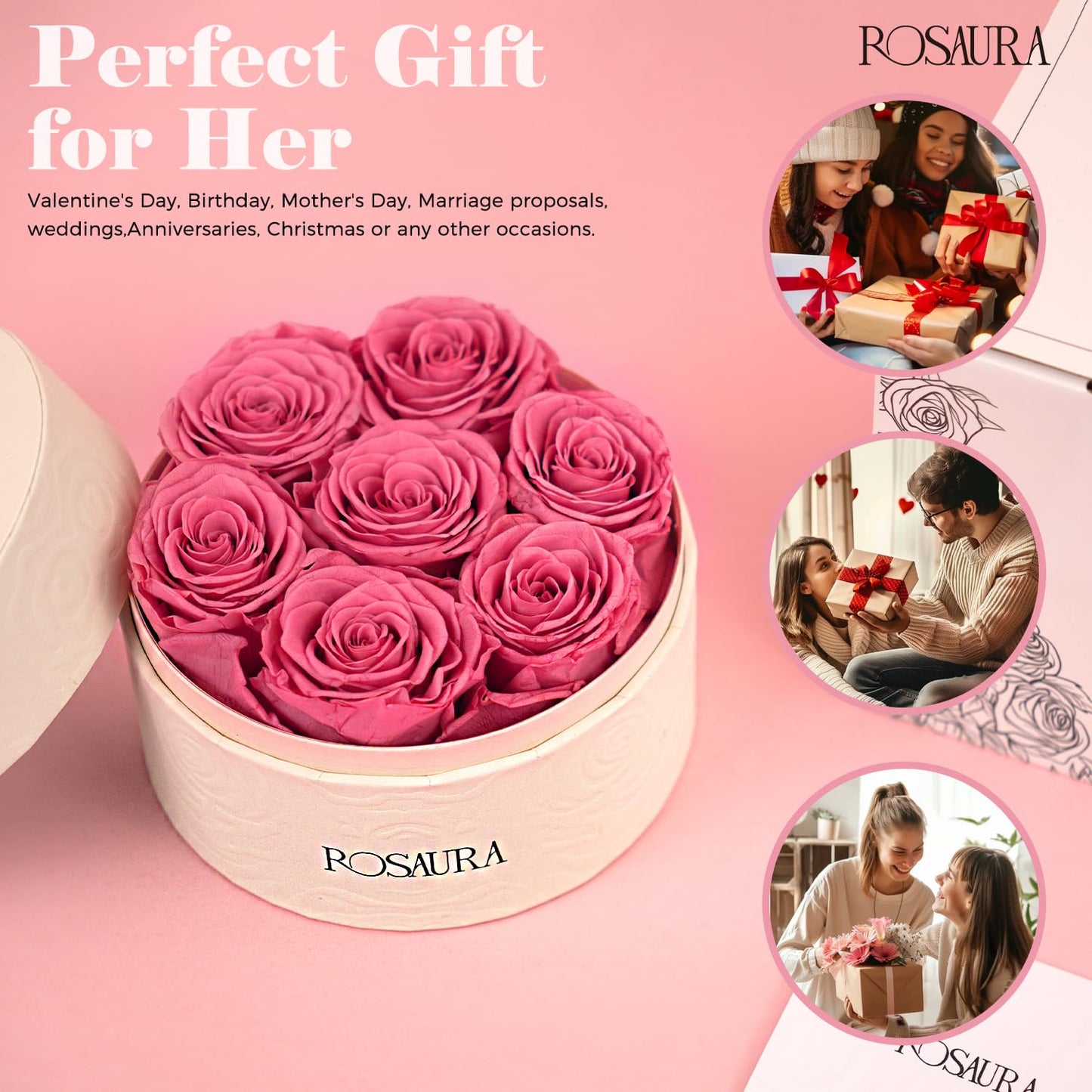 Rosaura Round Preserved Roses Gift Box (Pink, 7 Roses)