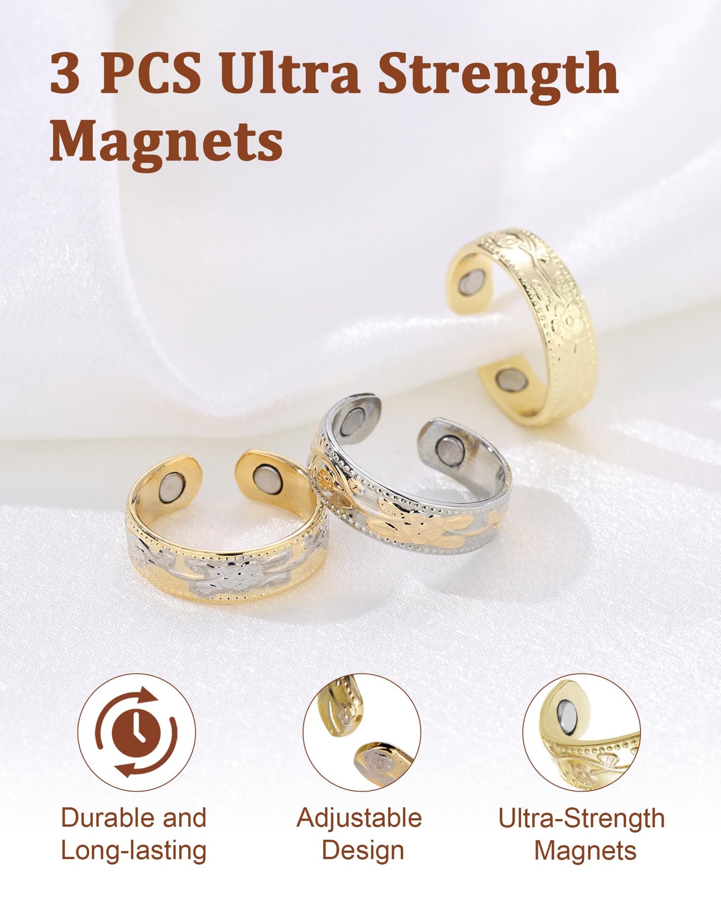 BioMag Magnetic Lymphatic Drainage Ring Set, 3 Pcs 99.99% Pure Copper Magnetic Rings for Women with 3500 Gauss Magnets, Adjustable Size, Floral Branch and Leaf Pattern