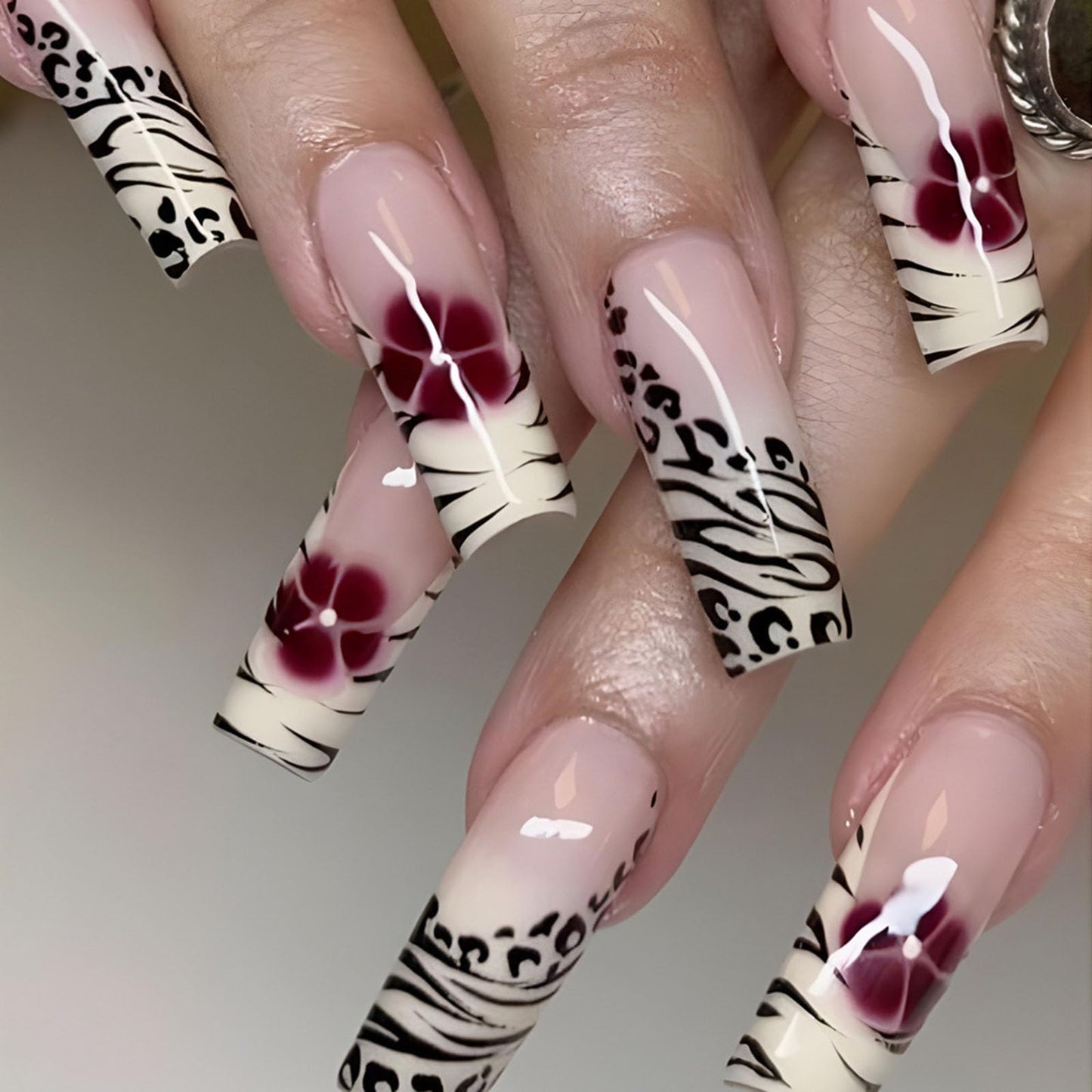 CAEEA Press On Nails Red Flowers Zebra Stripes Square Long False Nails French Nail Tips Artificial Acrylic Nails 24pcs