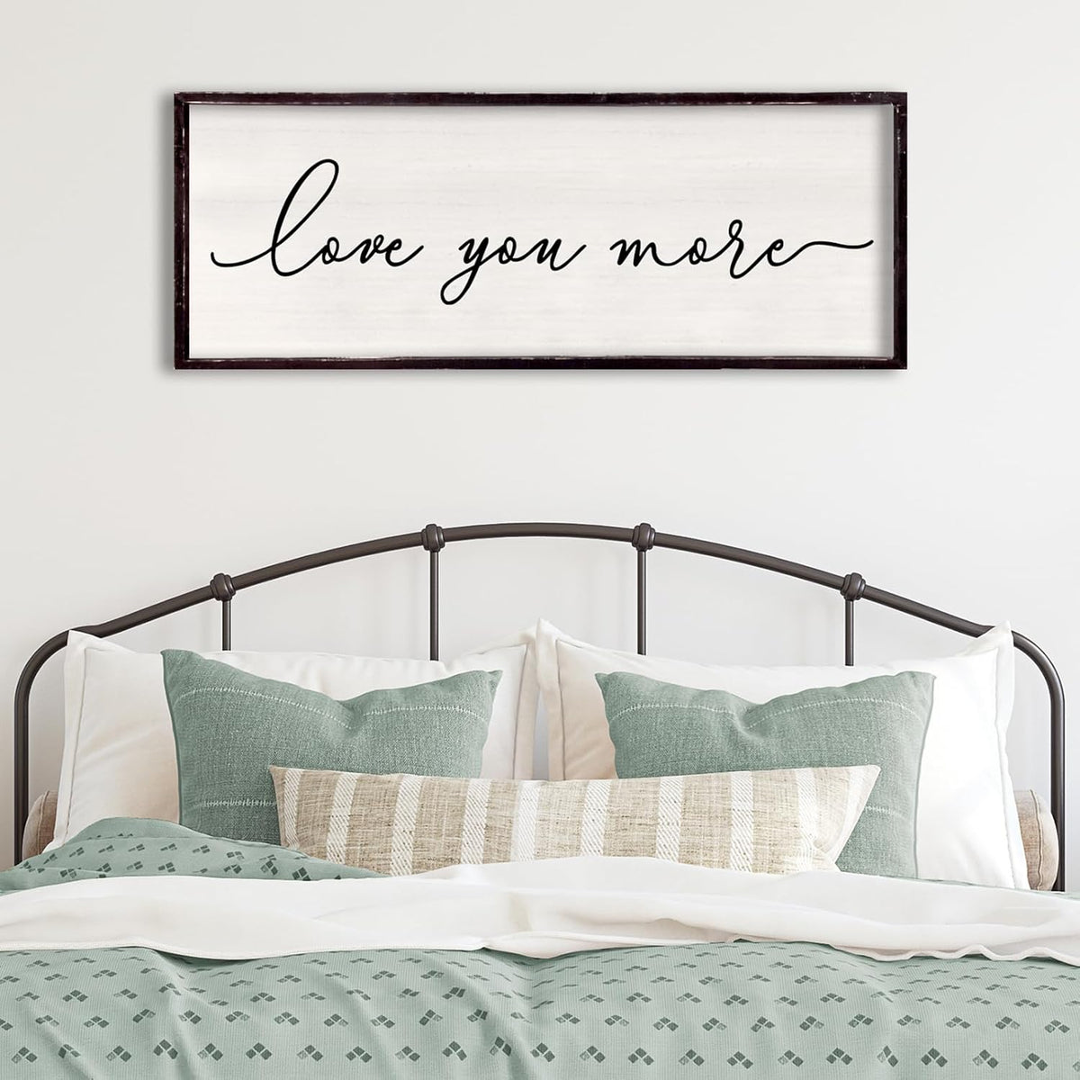 Love You More Above Bed Wall Decor Sign 32"×12" for Master Bedroom Over Bed Large Simple Wood Framed Hanging Wall Art (Black)