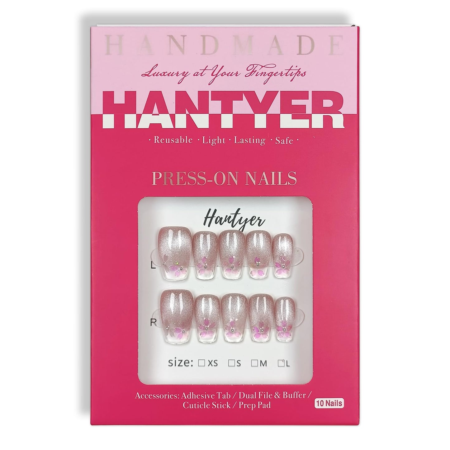 Hantyer Handmade Press on False Nails - Medium Coffin Nails, Pink Ombre French Tips with Cat Eye & Aurora Sakura Design, 10pcs Glossy Finished Reusable Gel Nails with Pearls Gift for Women (Size L)