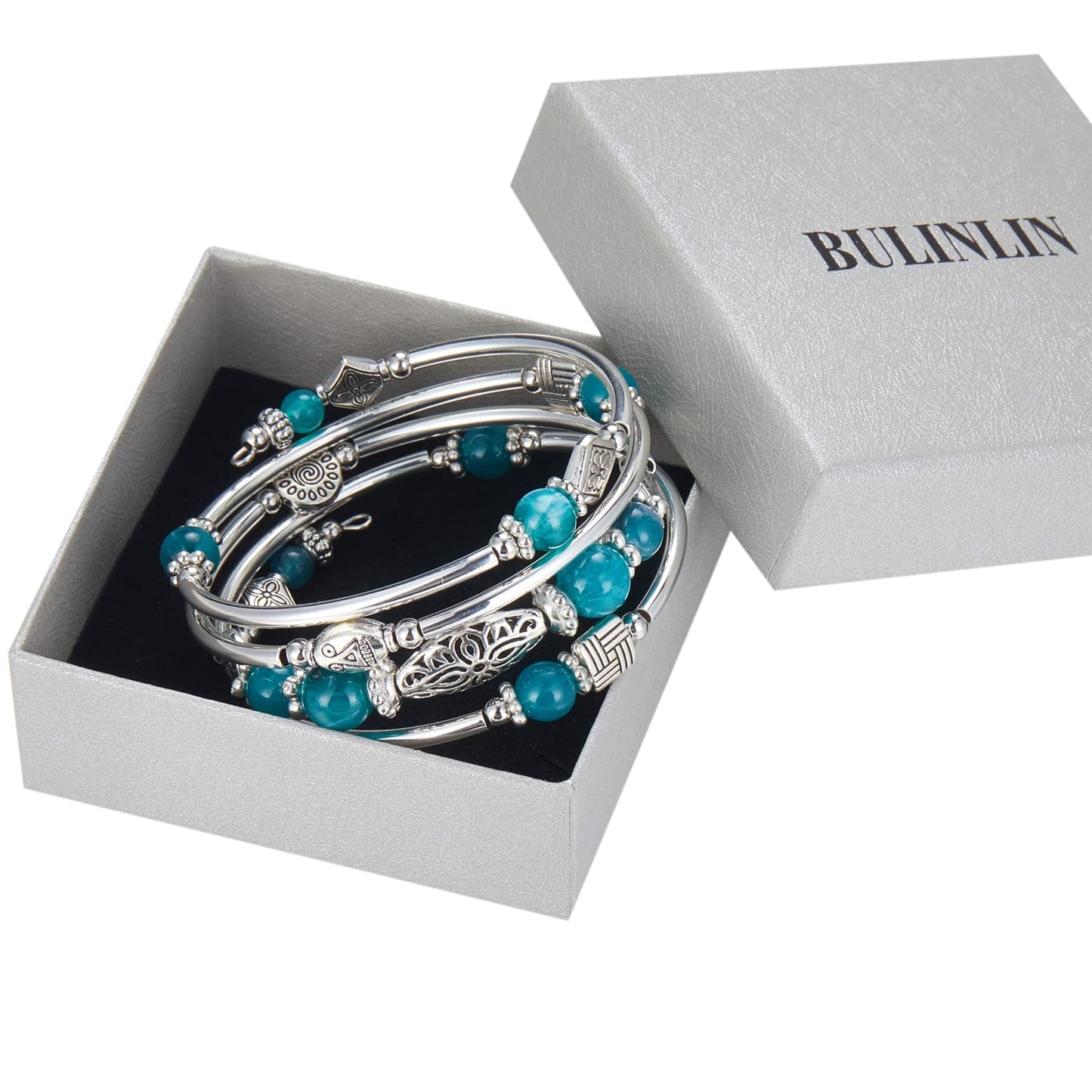 BULINLIN Layered Wrap Bangle Turquoise Bracelet - Bead Bracelet with Natural Agate Stone, Gifts For Women (03-Sea green)