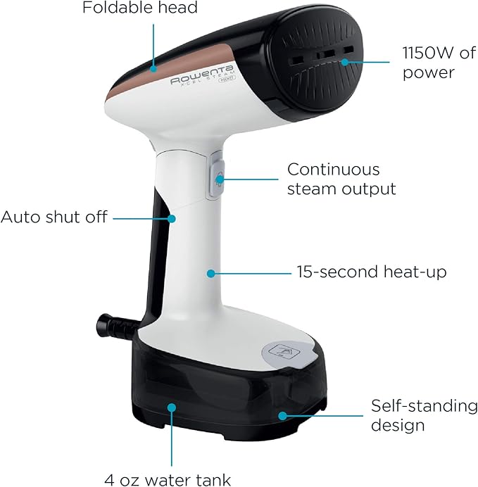 Rowenta, Steamer for Clothes, Access Steam Handheld Steamer, 15 Second Heatup, 4 Ounce Capacity, 1150 Watts, Portable, Ironing, Travel Must Have, White Clothes Steamer, DR3030