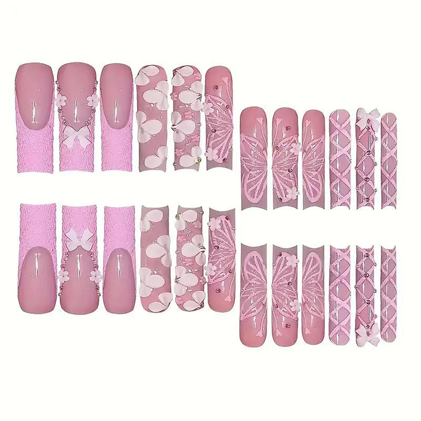 FIEONCIY Press on Nails Coffin Long Length Acrylic Glossy Full Cover Square Shaped French False Nails with Designs Artificial Extra Long Fake Nails with Charms Glue ons Fingernails for Women(CC31)