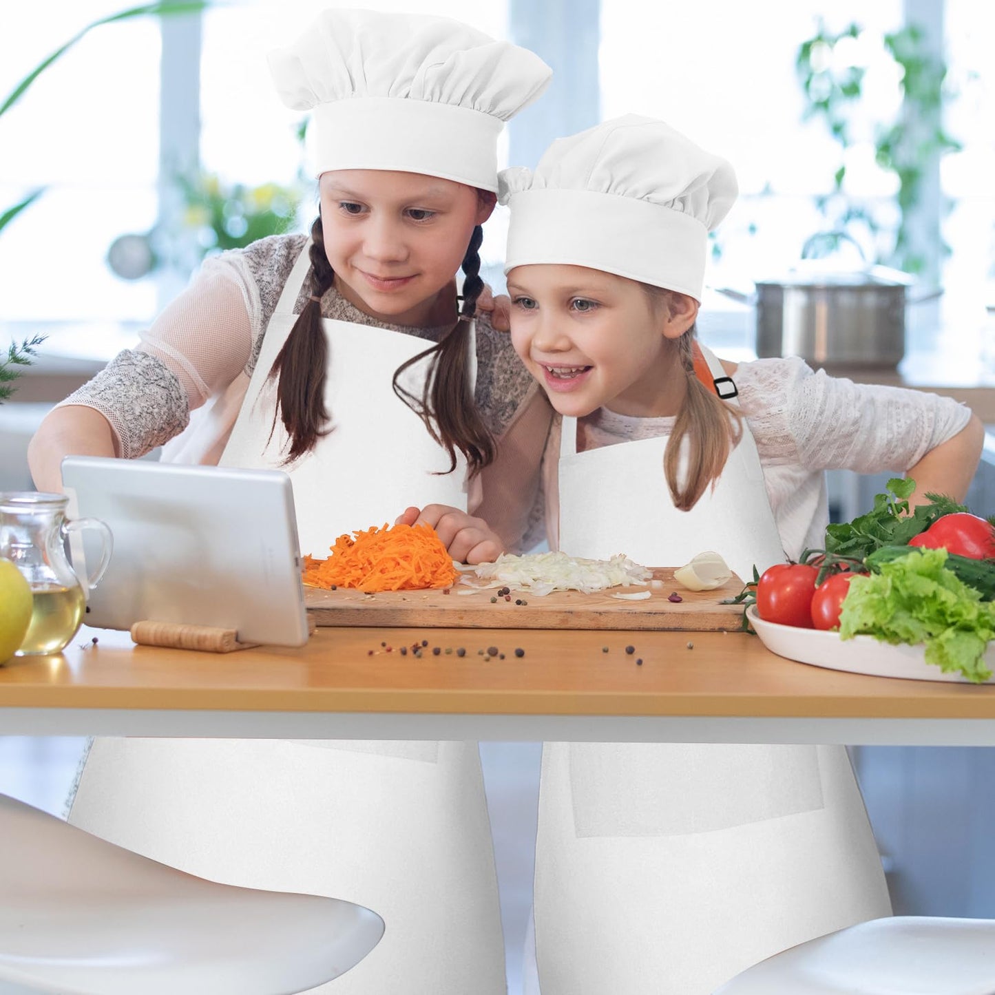 Bouiexye 5 Set Kids Apron and Chef Hat Set Children Apron Adjustable with 2 Pockets Children Chef Painting for Cooking Baking Painting Crafts Making (White