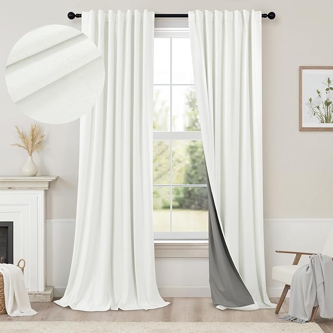 Extra Long Ivory Curtains for Living Room Blackout 108 Inch Sound Proof Wide Drapes for Large Window Noise Reducing Darkening Curtains for Bedroom Off White 52x108 Ceiling to Floor Length 2 Panel 9 ft