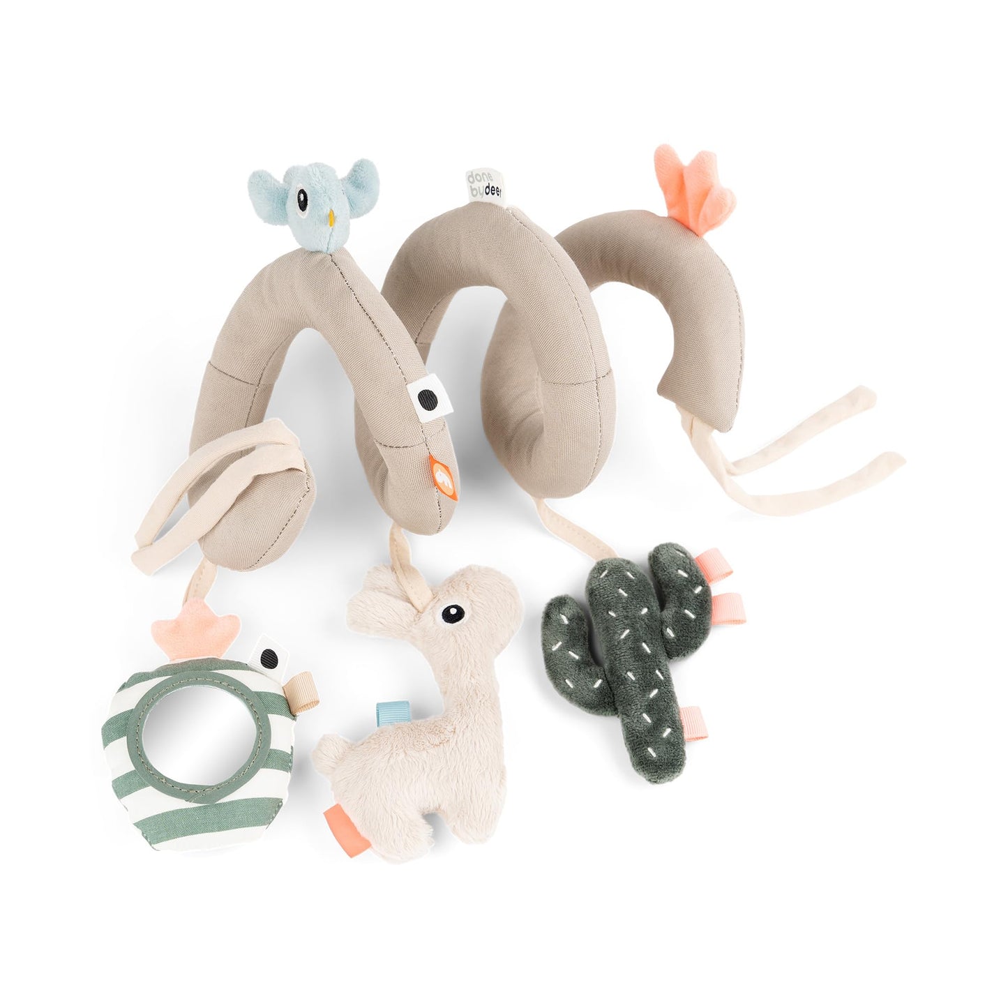 Done by Deer Car Seat Toys Hanging - Activity Spiral – Sensory Baby Toy with Mirror with Sound & Crinkle Sounds - Attachable to Cot, Carseat & Stroller - Soft & Baby-Friendly Materials
