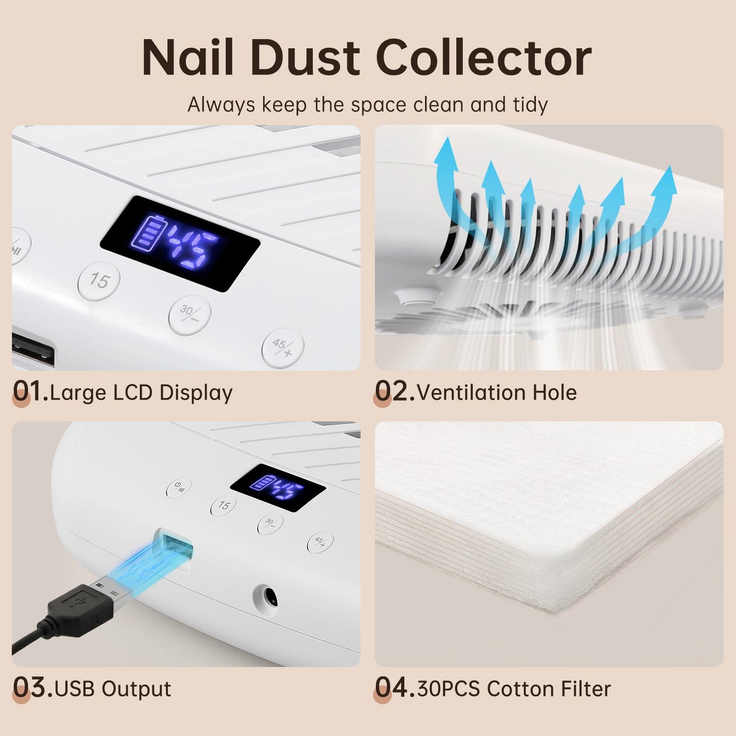 Nail Dust Collector CHRISTINE SHELLY, Cordless Rechargeable 4500RPM Vacuum Nail Tech Fan Extractor, Professional Duster Suction, Low Noise, Salon&Home