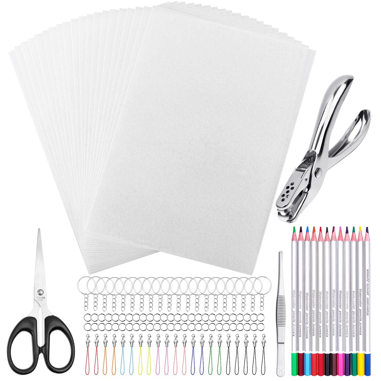 shynek Shrinky Plastic Sheets Keychain Kit, 125Pcs Shrinky Art Kit Including 20 Pcs Shrinky Paper Sheets, Hole Punch, Pencils, Keychains, Tweezers, Scissors for Crafts and Keychains