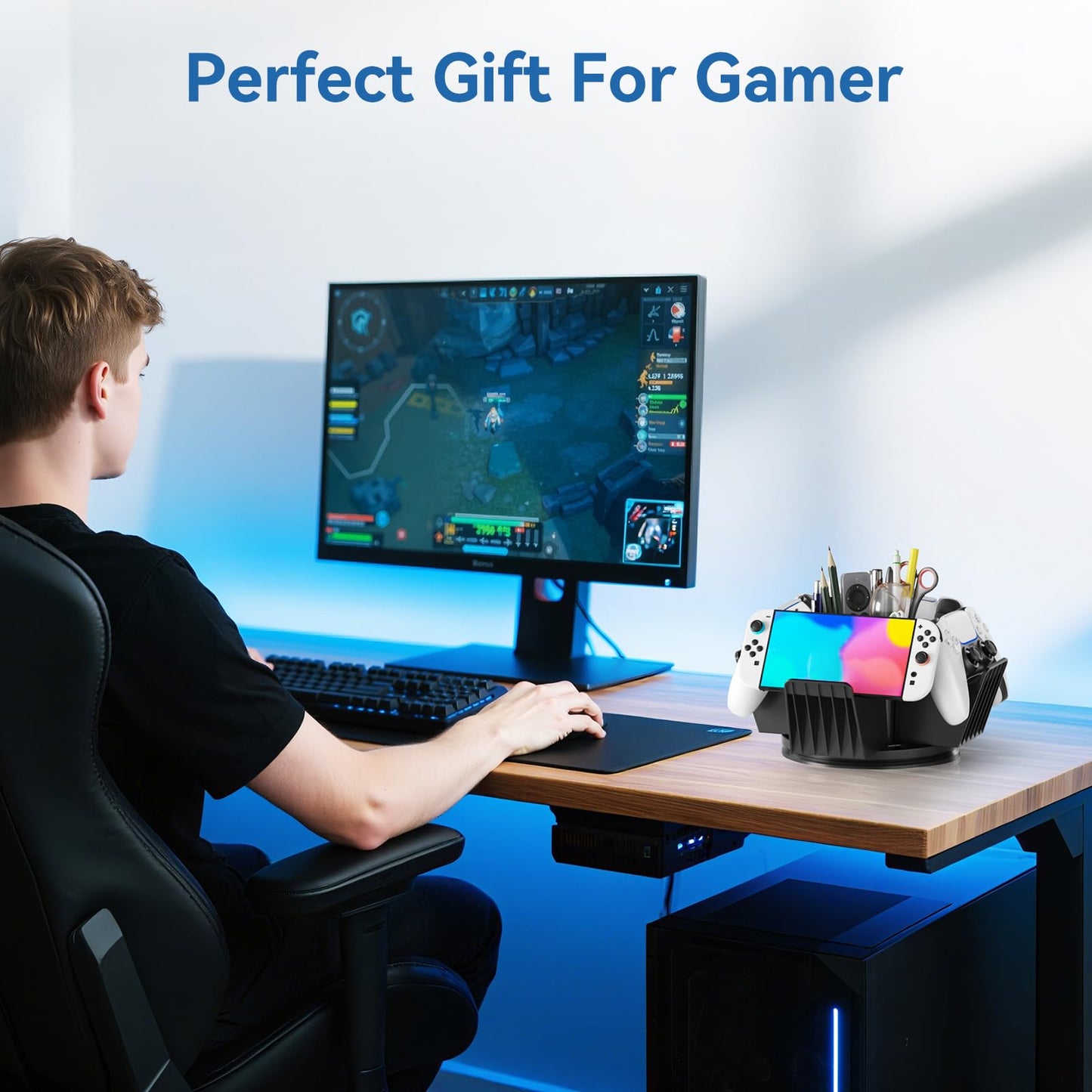 KDD Controller Organizer for Desktop - 360°Rotatable Controller Holder with Storage Box - Universal Stand for 4 Controllers, Desk Organizer for Switch Remote Control Pen Gamer Accessories