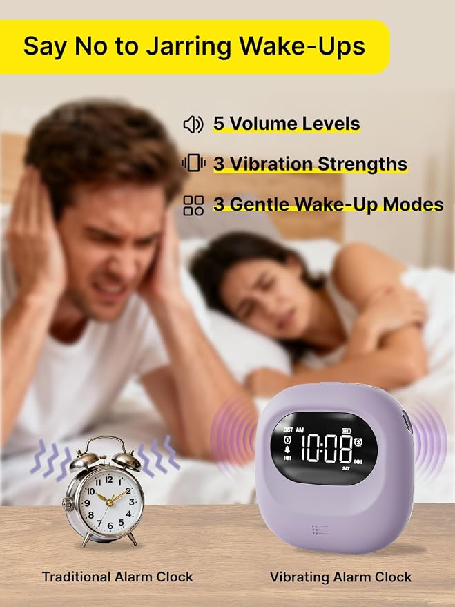 Vibrating Alarm Clock Rechargeable 3000mAh Battery Travel Clock Purple