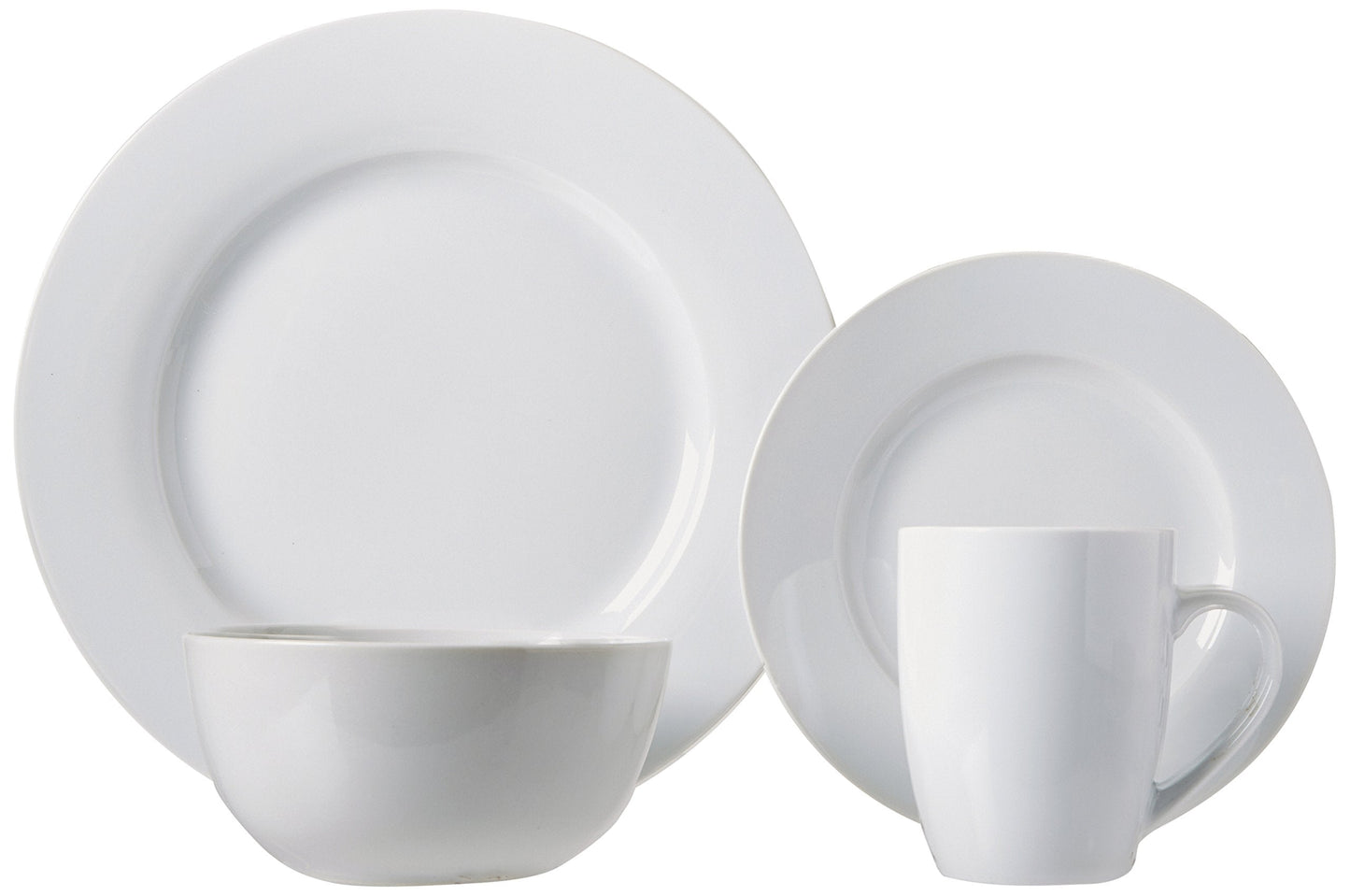 Amazon Basics 16-Piece Porcelain Dinnerware Set, Microwave and Dishwasher Safe, Service for 4, Plates, Bowls and Mugs, White