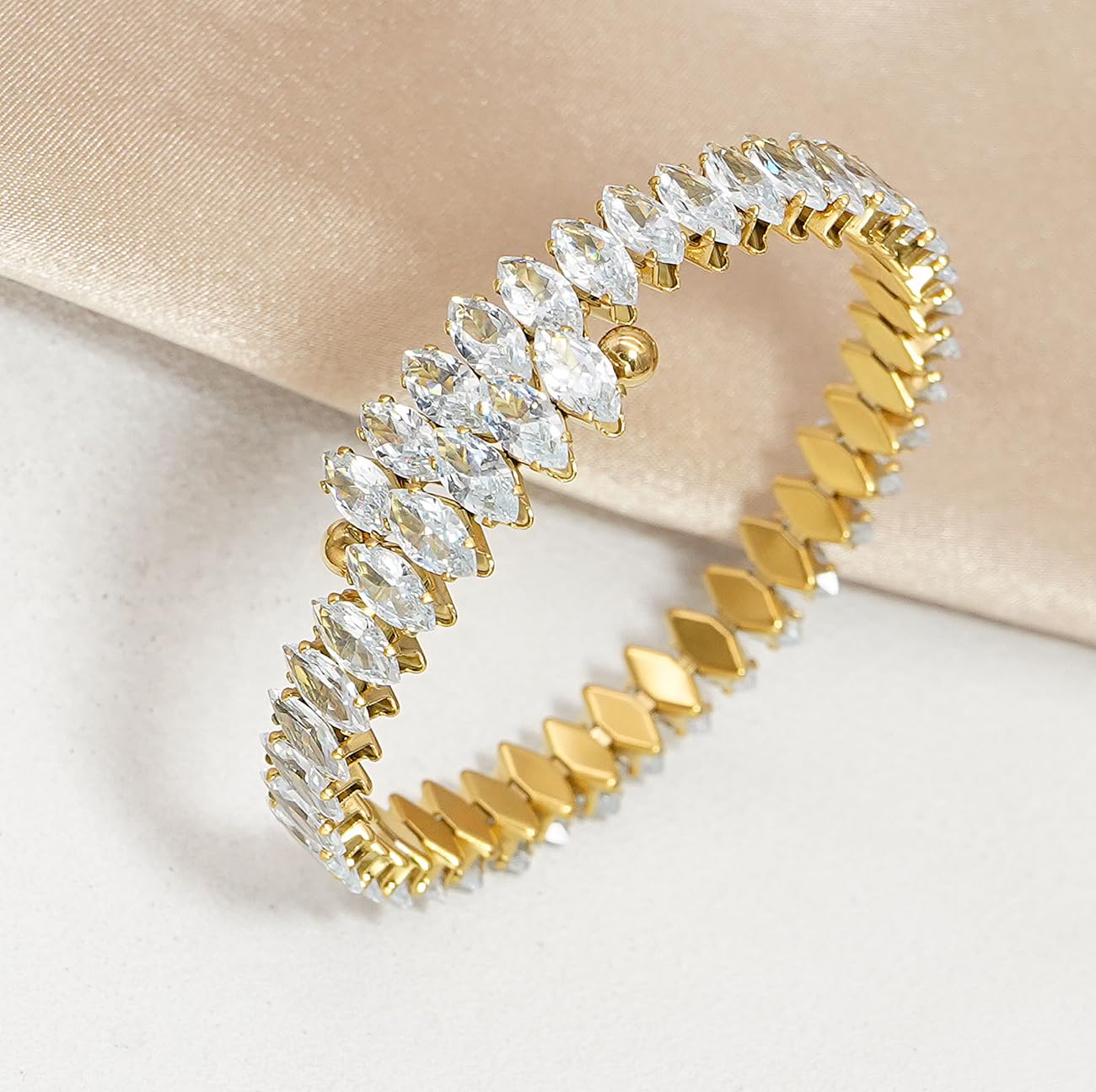 Wovanoo Rhinestone Cuff Bracelet Cubic Zirconia Tennis Bracelets Open Adjustable Bangle for Women Gold White