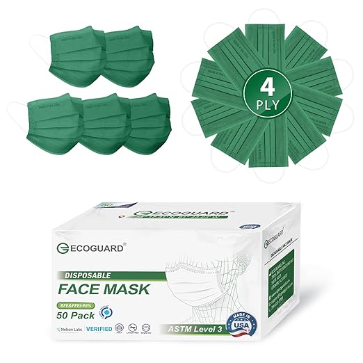 Disposable Face Masks Made in USA, 4 Ply for Families, Students, Breathable All-Day Wear & Safety, FSA HSA Eligible, ASTM Level 3 Medical Grade, 50 Pack, Hunter Green