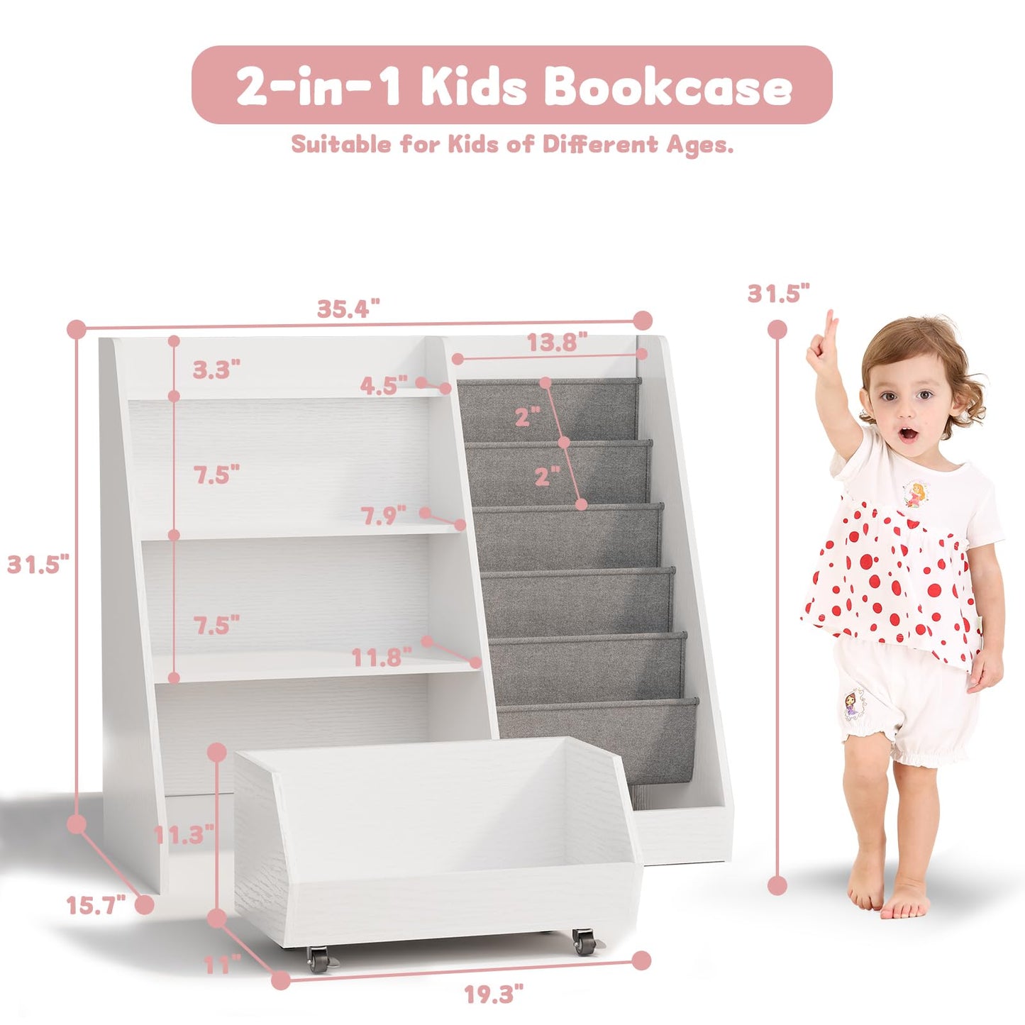 COZPAW Kids Bookshelf and Toy Storage, 4 Tier Toddler Bookshelf with Movable Drawer (White)