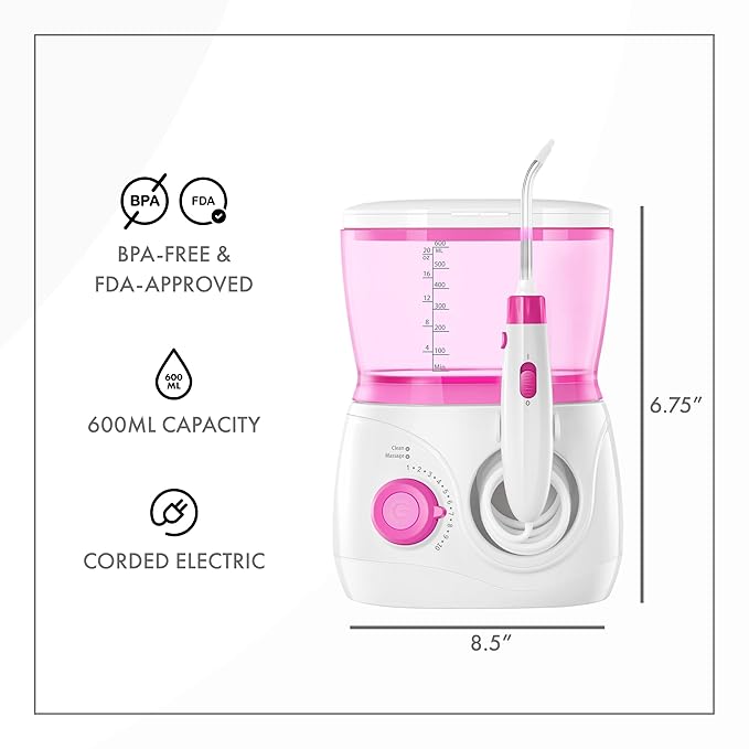 ToiletTree Products Children's Countertop Water Flosser - Dental Oral Irrigator for Kids - BPA-Free Dental Water Flosser with 600mL Capacity and Adjustable Water Pressure - Pink
