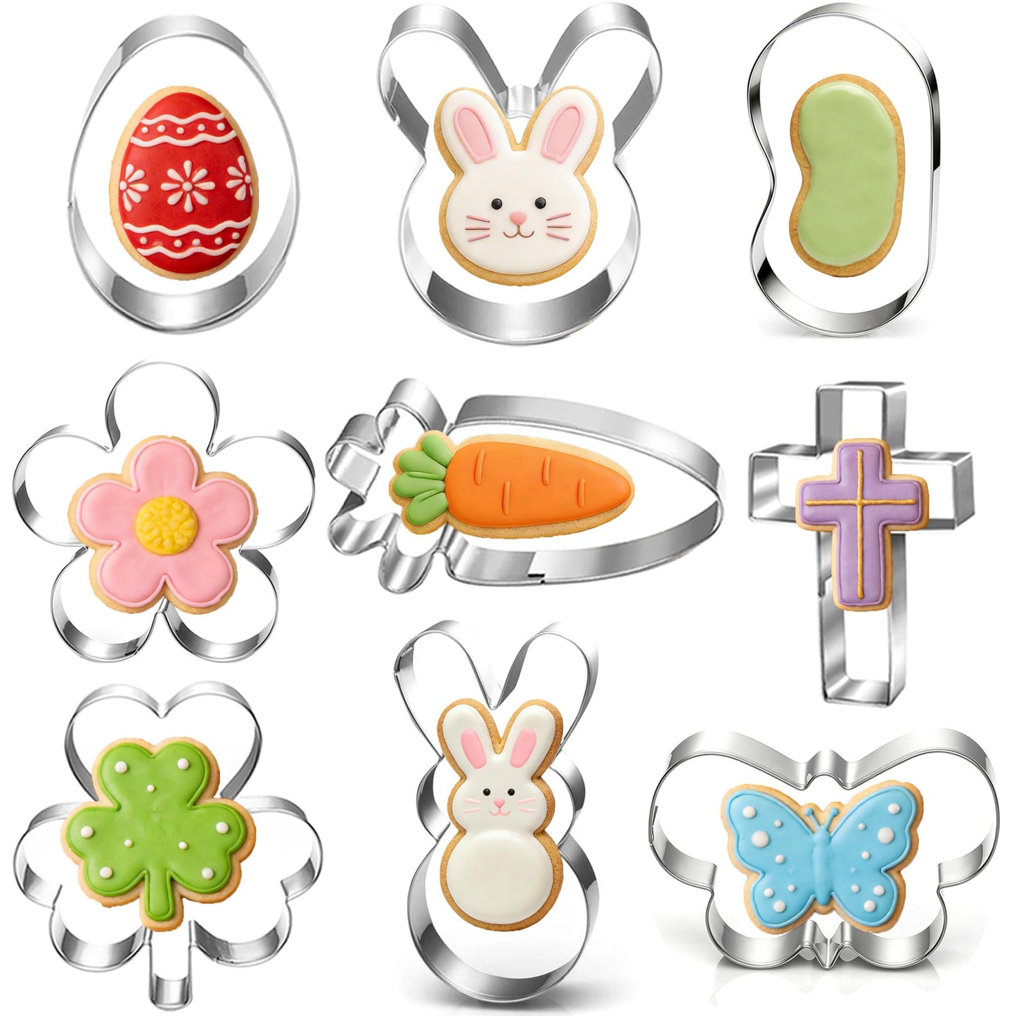 LUBTOSMN 9-Piece Mini Easter Cookie Cutter Set, Shamrock, Bunny, Egg, Carrot, Flower, Butterfly and Bean Shapes - Dishwasher Safe Stainless Steel Molds for Spring Easter and St. Patrick's Day Decor
