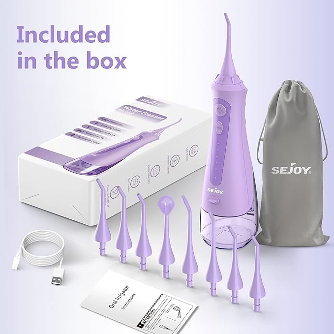 Sejoy Water Flossers for Teeth Cleaning, Water Flosser for Teeth Rechargeable Cordless, Electric Portable, 5 Cleaning Modes 8 Jet Tips, IPX7 Waterproof, 230ml, for Travel and Home