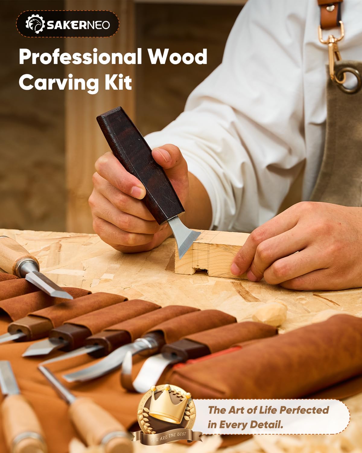 SakerNeo Deluxe Wood Carving Kit, 25 Piece Wood Carving Tools with Thick Leather Storage Bag,Wood Whittling Tools -Ideal Woodworking Tools and Hobbies for Beginners Enthusiasts Gift DIY