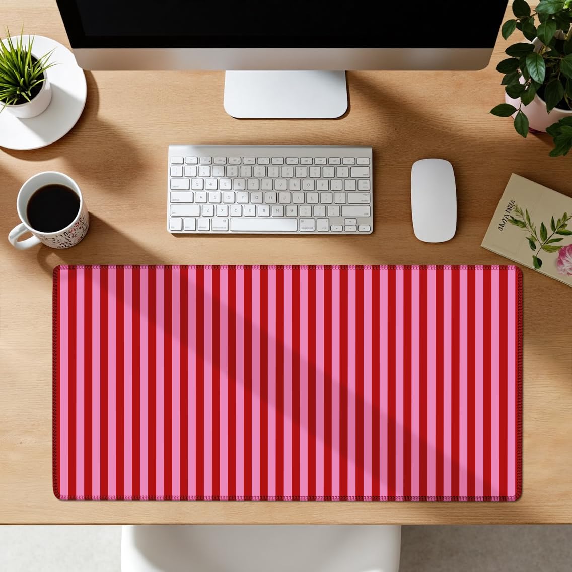 ohisxiacy Pink Red Striped Desk Mat Cute Pastel XXL Large Gaming Mouse Pad Desk Pad Kawaii Aesthetic Cozy Keyboard Laptop Computer Mat Home Office Decor for Women