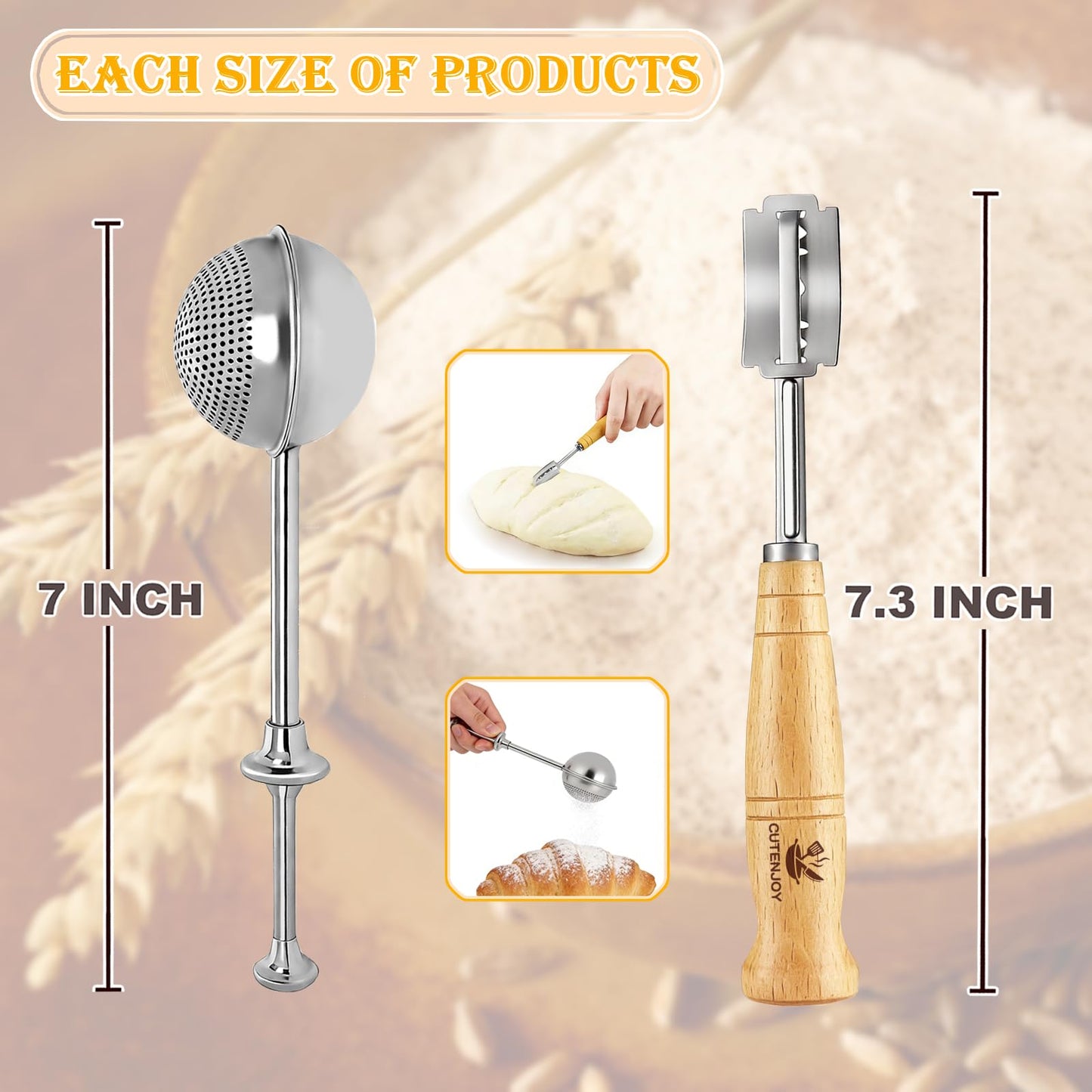 CUTENJOY Bread Lame and Flour Duster, 304 Stainless Steel Bread Baking Supplies with Razor Blades & Leather Cover, Professional Bread Scoring Knife, Flour Duster for Baking