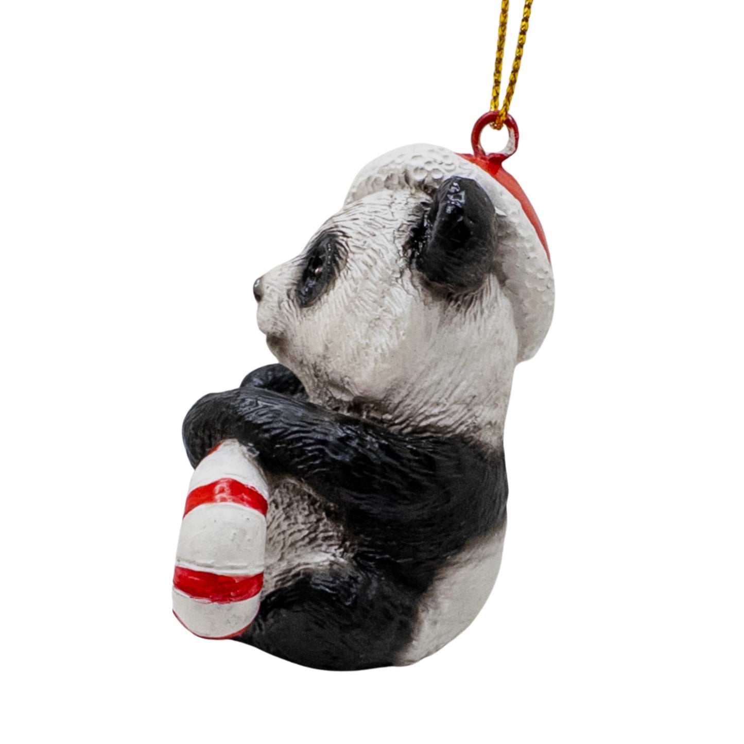 Panda Bear Holding Candy Cane Wearing Santa Hat Christmas Tree Ornament