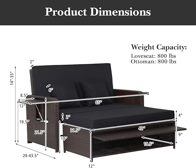 HAPPYGRILL Patio Rattan Wicker Daybed with Loveseat & Storage Ottoman, Outdoor Lounge Sofa Furniture Set with Adjustable Backrest & Side Trays, for Poolside Deck Porch Lawn (Mix Brown & Black)