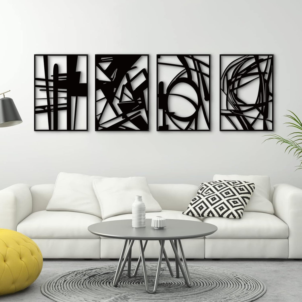 Glamativity Large 4 Pack Black Abstract Metal Wall Art, Minimalist Décor Single Line Art Wall Décor, 3D Textured Metal Wall Sculptures, for Living Room Bedroom Bathroom Study Room (Black, L Size 22.5