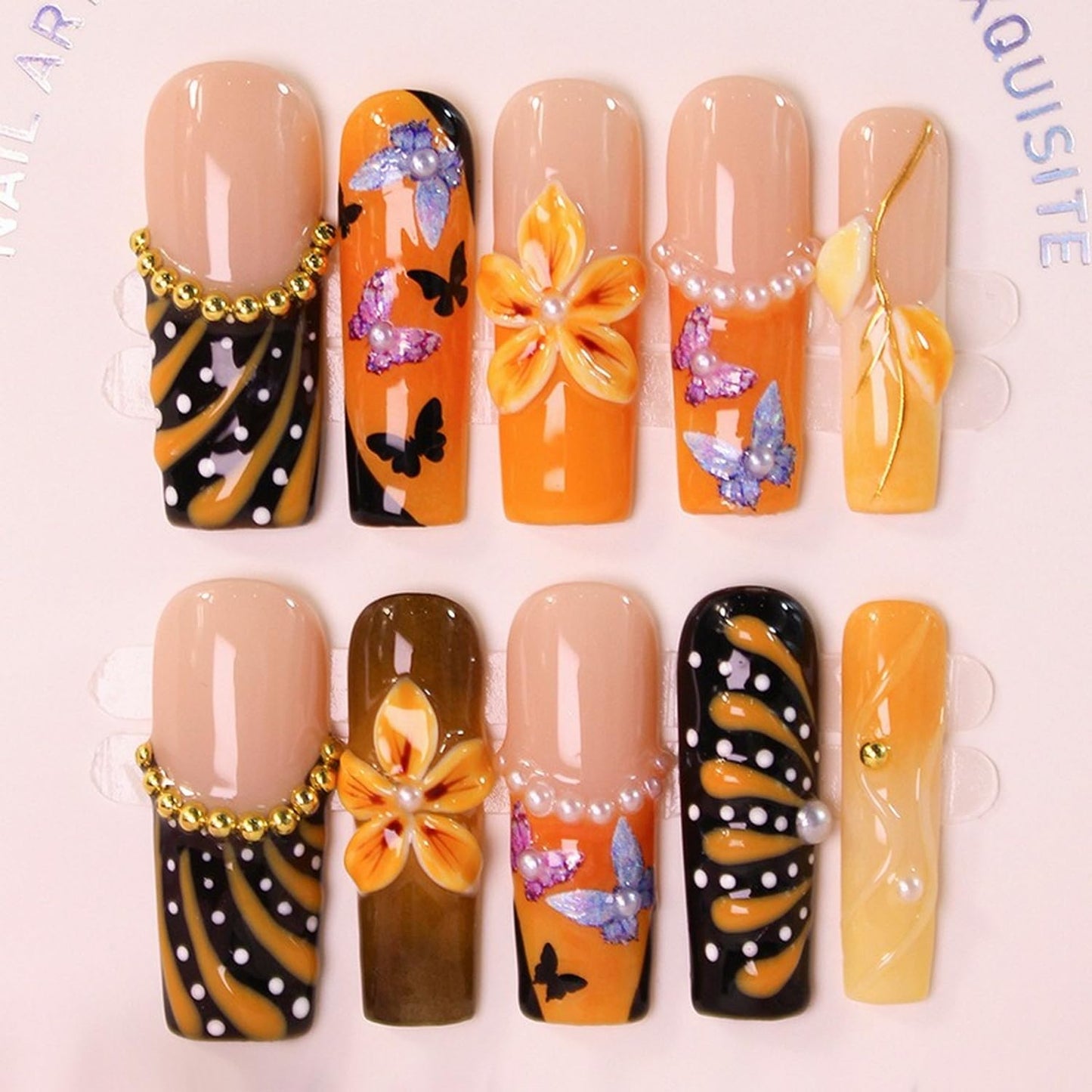 Flower Press on Nails Gradient Long Square Fake Nails with Glitter Butterfly & Pearl False Nails Designs Orange French Tip Handmade Press on Nails Thick Acrylic Stick on Nail for Wome (M)