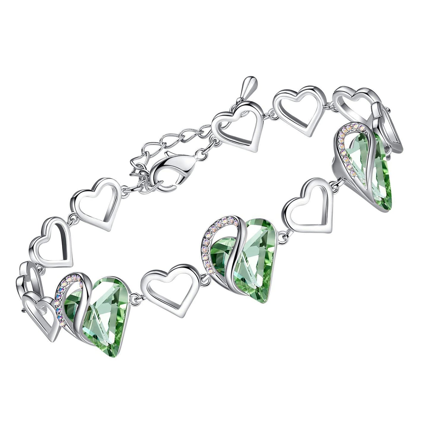 Leafael Infinity Love Heart Gift Bracelet for Women, August Birthstone Crystal, Light Chrysolite Green, Silver Tone, 7-inch Chain and 2-inch Extender