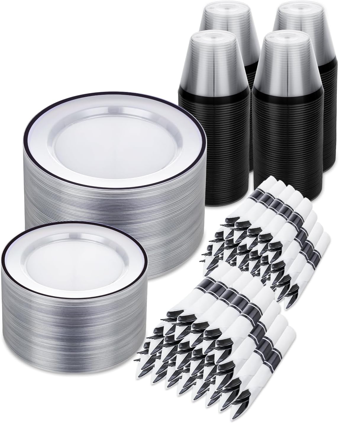 700PCS Clear Black Disposable Plates Set for 100 Guests, 200 Plastic Plates, 100 Plastic Cups, 100 Pre-Rolled Napkins with Cutlery for Party, Christmas, Birthday, Wedding, Thanksgiving, Halloween