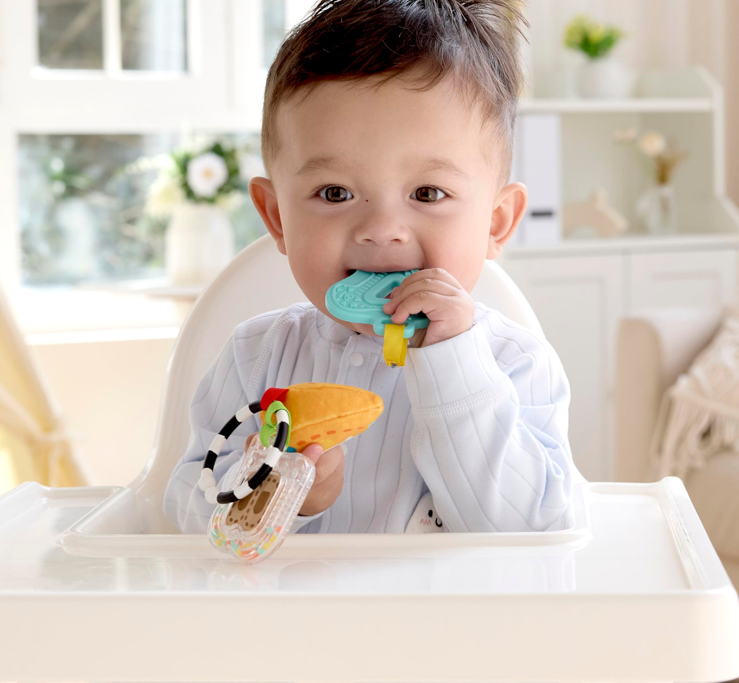 Hape Sensory ABCs Playset, 3-in-1 Baby Travel Toy with Silicone Teether, Rattle, and Plush Toy, High-Contrast Portable High Seat & Stroller Toy for Infants 3-12 Months