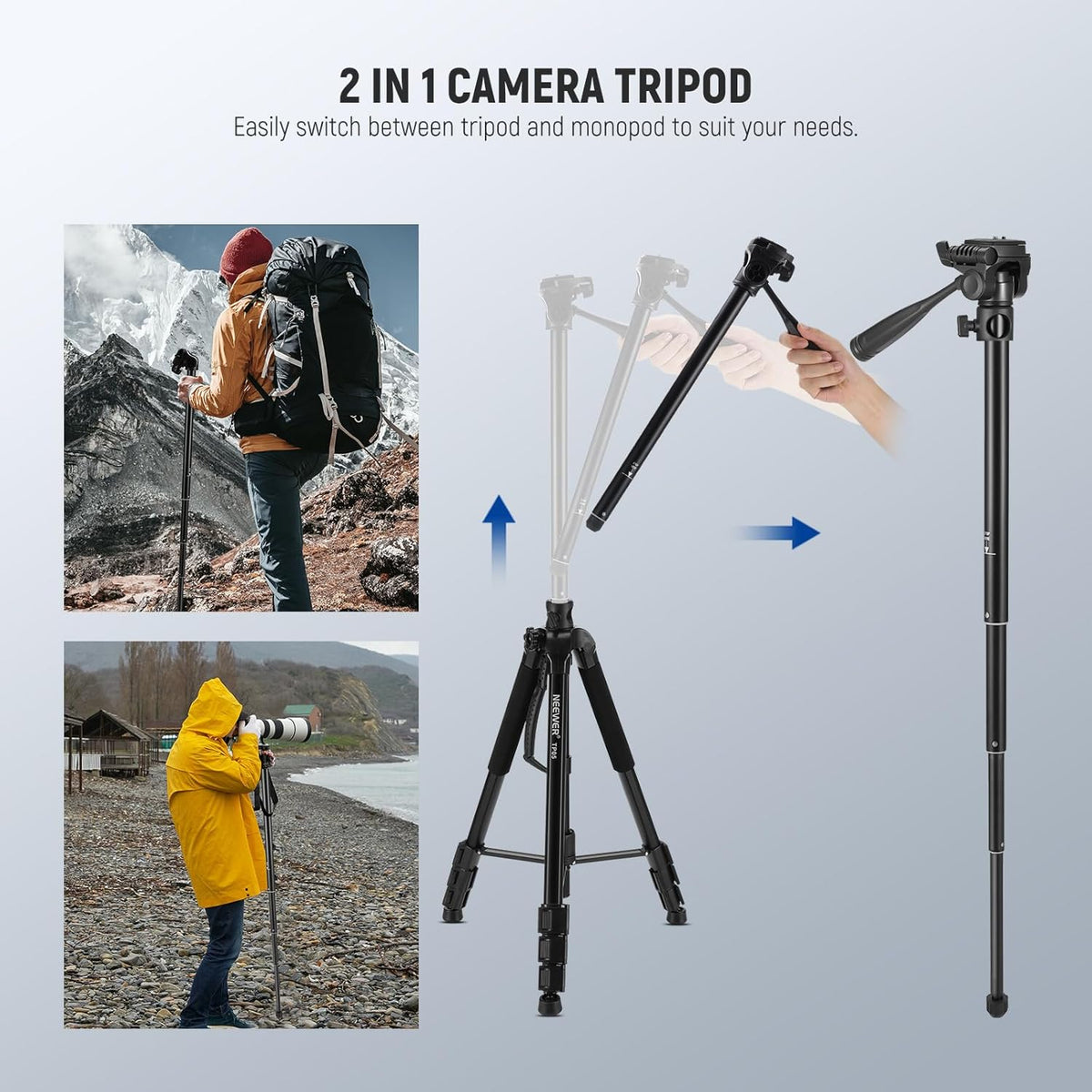 NEEWER Basic 74" Video Tripod Monopod, 3 Way Pan Tilt Head, Remote, Overhead Camera Mount, Horizontal Central Axis, Phone Holder Compatible with iPhone DSLR Telescope Projector, Max Load 17.6lb, TP05