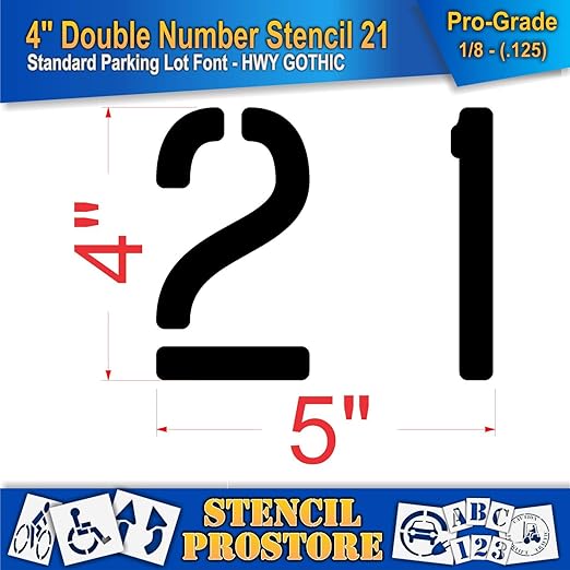 Pavement, Curb, and WheelStop Stencils - 4 inch Double Number Stencil - (21) - 4" x 4" x 1/8" (128 mil) - Pro-Grade