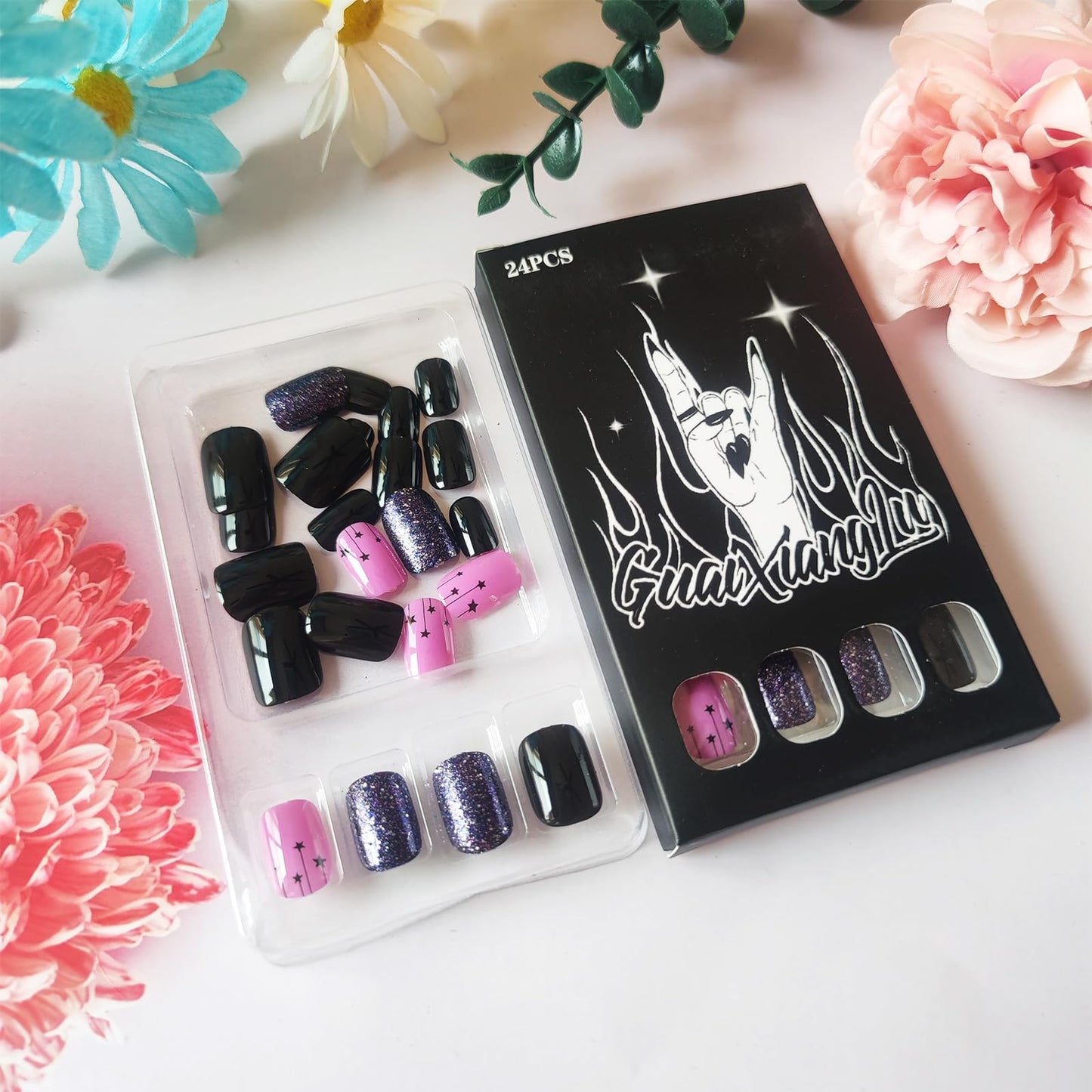 24 Pcs Stars Press on Nails HZJXRT Short Square Fake Nails Glossy Purple Glitter Acrylic False Nail Starry Sky Stick on Nail Clean Glue on Artificial Fingernails for Coquette Women Gift