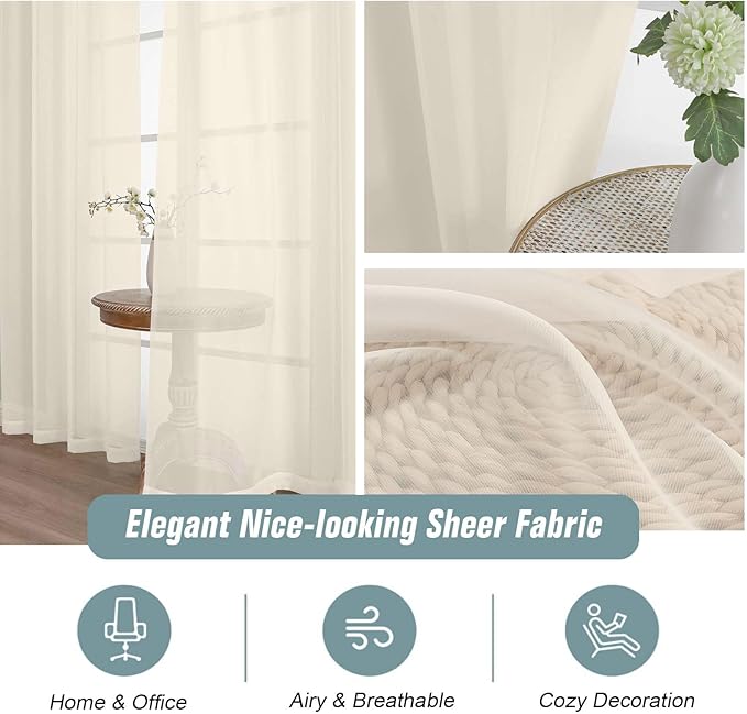Cream Sheer Curtains 90 Inches Long 2 Panels, Light Filtering Solid Sheer Curtains for Bedroom Living Room, Lightweight Soft Airy Window Voile Sheer Drapes, Dual Rod Pocket, 2x42Wx90L Inches