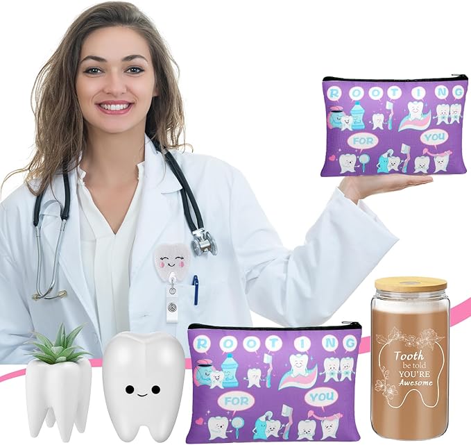 Pickmesh 6 Pcs Dental Gifts Nurse Assistant Hygienist Gifts 16 oz Glass Cups with Lid Makeup Bag Smiling Tooth Shape Felt Badge Holder Ceramic Pen Toothbrush Pot for Women Coworkers(Purple)
