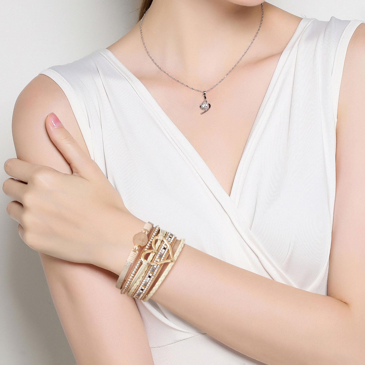 QIUTIMIY Leather Bracelets for Women Trendy Boho Cuff Bracelet Layered Bangle with Clasp Hand Wrist Jewelry Western(Style 6-Beige)