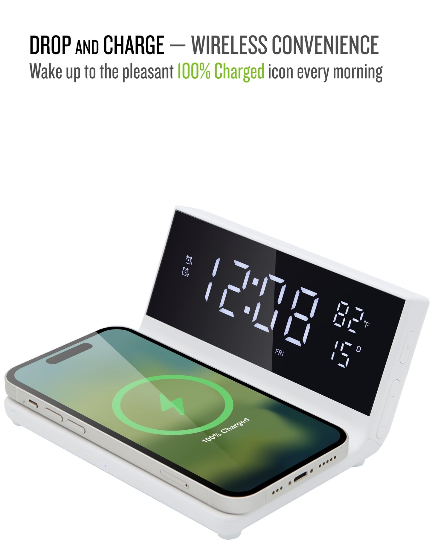 Soundfreaq Charge Rise II, SFQ-20: Digital Alarm Clock, with Dual Alarms, Fast USB Charger and Wireless Charger