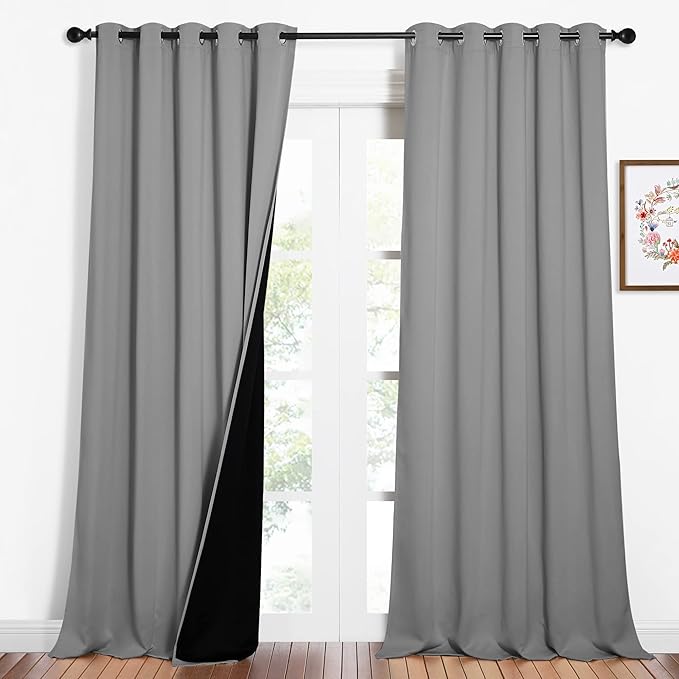 NICETOWN Total Shade Curtains and Draperies, Heavy-Duty Full Light Shading Drapes with Black Liner Backing for Villa/Hall/Dorm Window（Silver Grey, Package of 2 Panels, 62 inches Wide x 95 inches Long