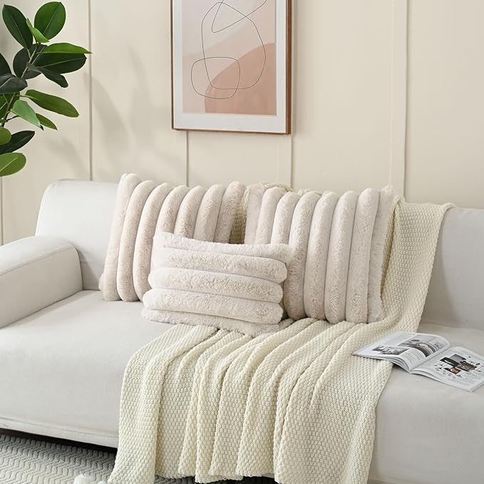 FUTEI Beige Decorative Throw Pillow Covers 18x18 Inch Set of 2, Square Soft Faux Rabbit Fur Thick Striped Cushion Cover,Winter Home Decor for Couch Bed Living Room